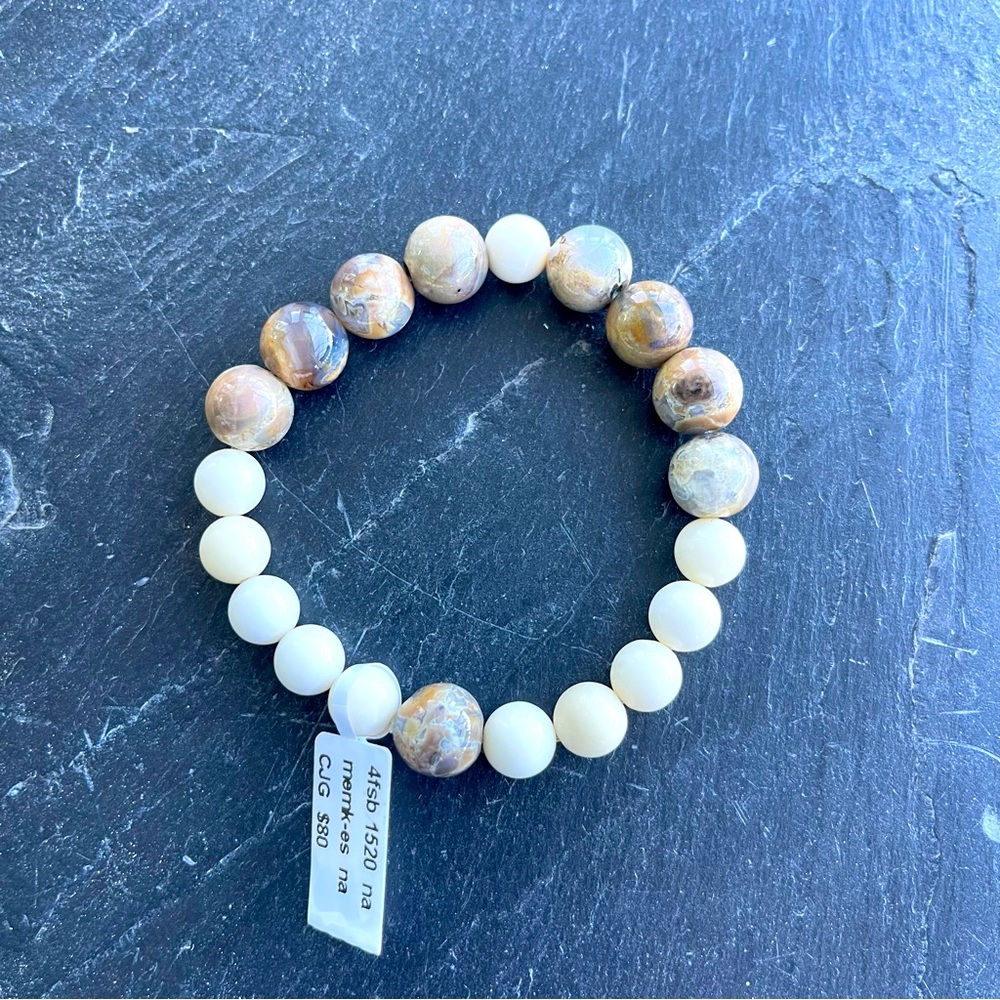 Elegant Natural Picture Jasper & Coral Stone Beaded Bracelet 7.5”